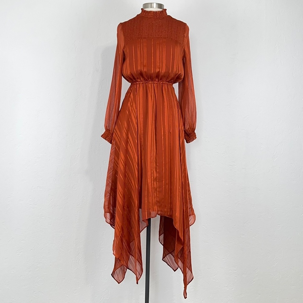 Boho Chic Handkerchief Midi Maxi Dress Sz 4 Asymmetrical Flowy Satin Metallic